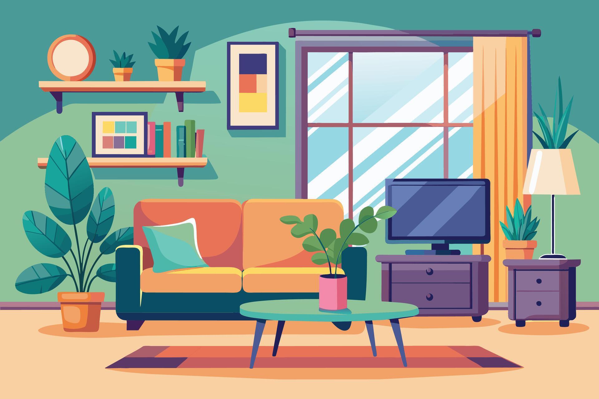 A cartoon illustration depicting a wellfurnished living room with a