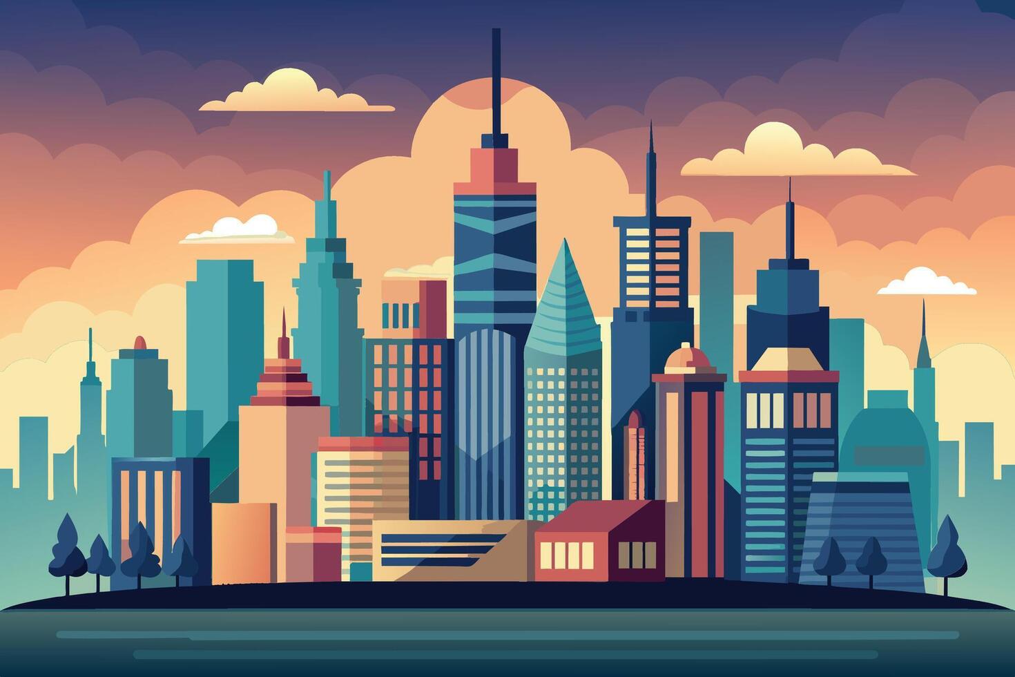 A vibrant illustration depicting a cityscape with towering buildings and a scenic sunset backdrop. vector