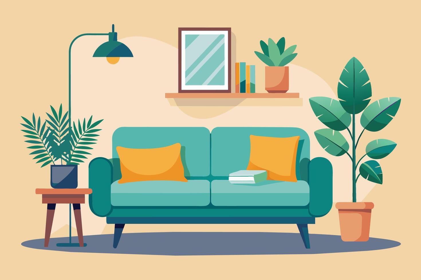 A cartoon illustration of a modern living room featuring a green sofa with yellow pillows, a side table, two plants, a framed picture, and books on a shelf. vector