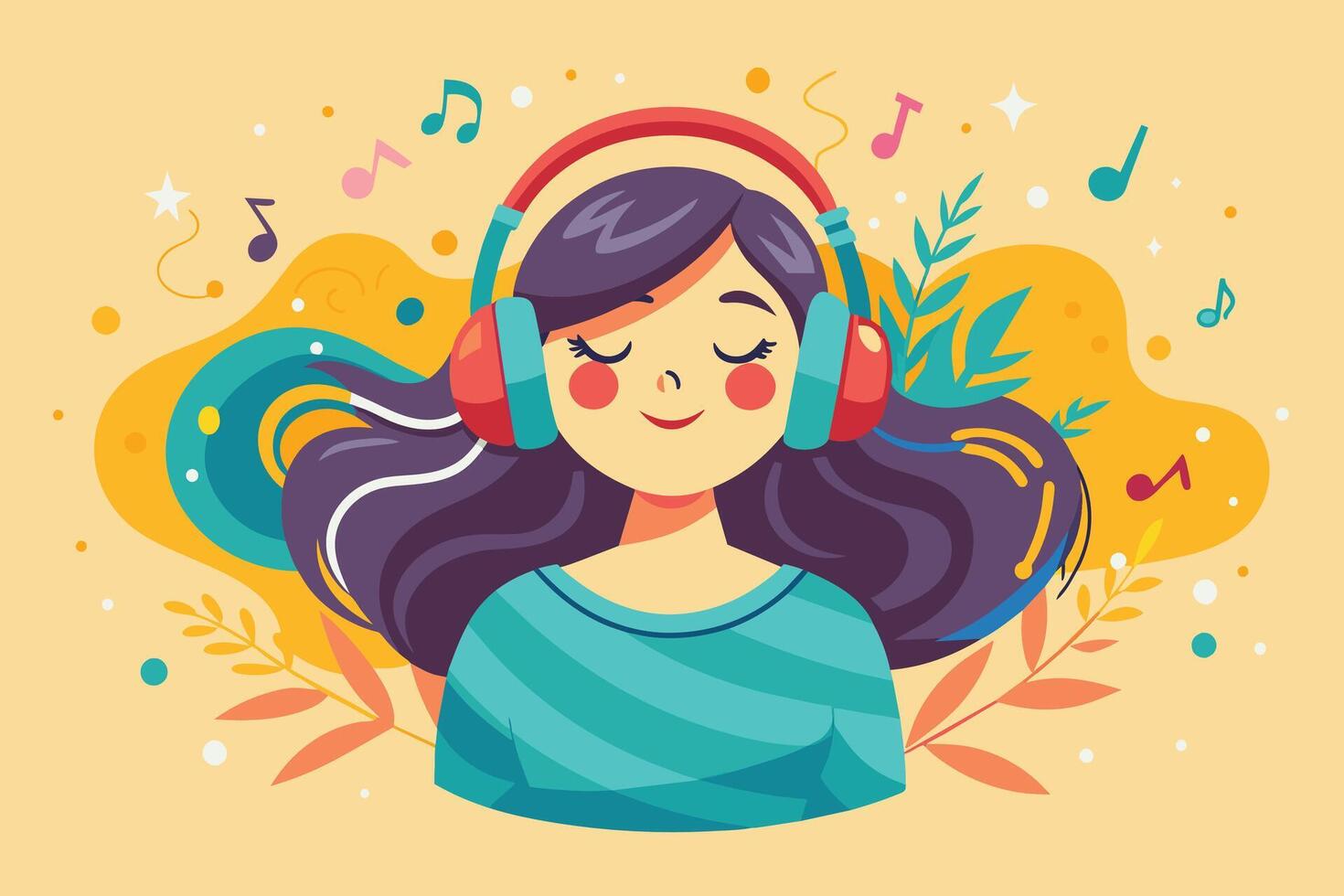 An illustration of a girl with long dark hair wearing red headphones, enjoying music while surrounded by musical notes and floral designs. vector