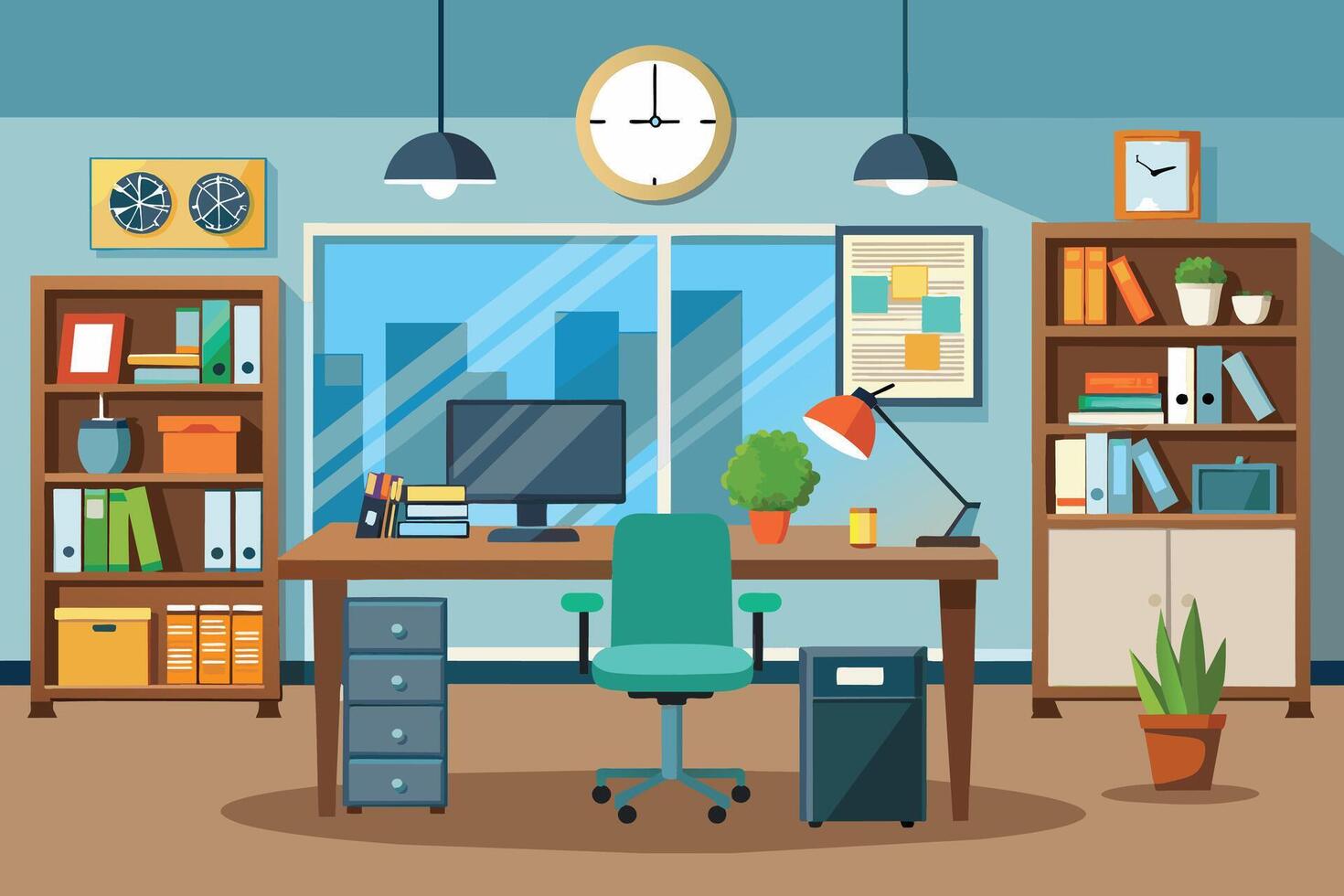 An illustration of a modern office space with a desk, computer, chair, and bookshelves. The office is located in a building with a city view. vector