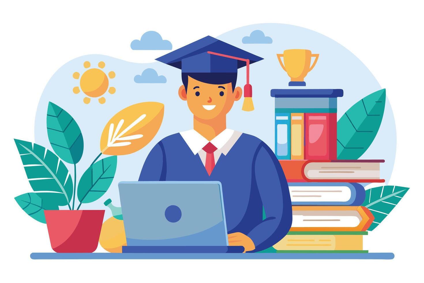 A smiling graduate student, wearing a cap and gown, sits at a desk working on a laptop. There are stacks of books and a trophy behind him, and a plant in a pot to the left. vector