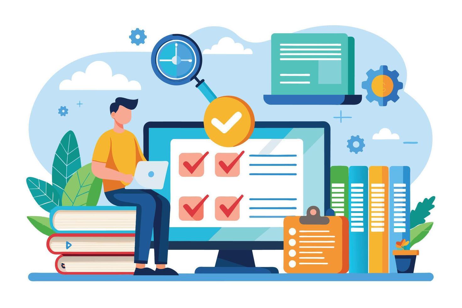 Illustration of a man sitting on books and working on a laptop, with a desktop computer displaying a checklist with checkmarks. vector