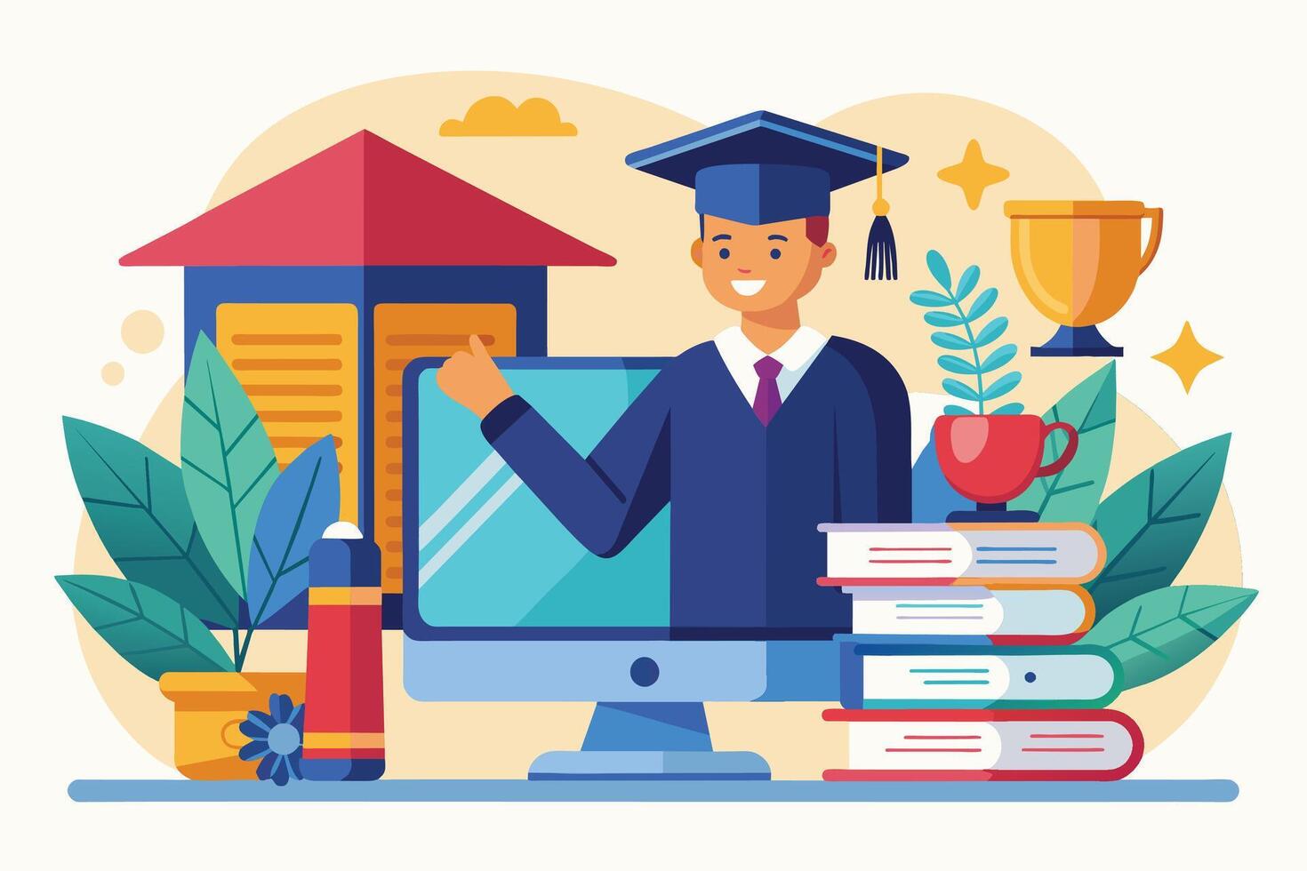 A graduate student in a cap and gown smiles while teaching an online course from home. They are using a computer, and the background includes books, a trophy, and other decorations. vector