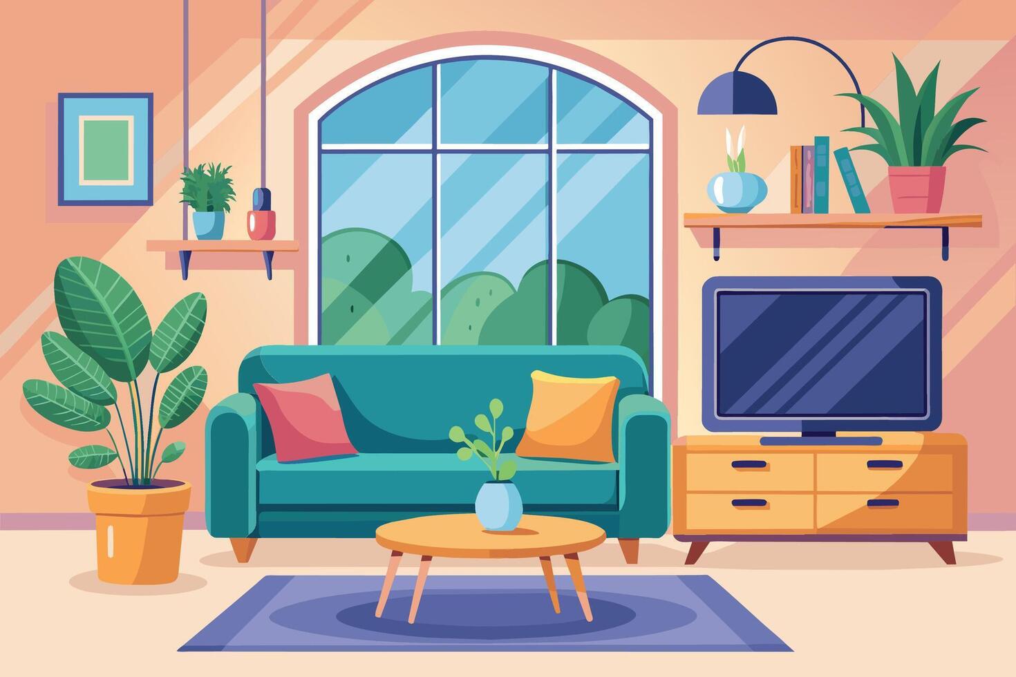 A bright and airy living room with a comfortable green sofa, a coffee table, and a large window overlooking a lush green landscape. vector