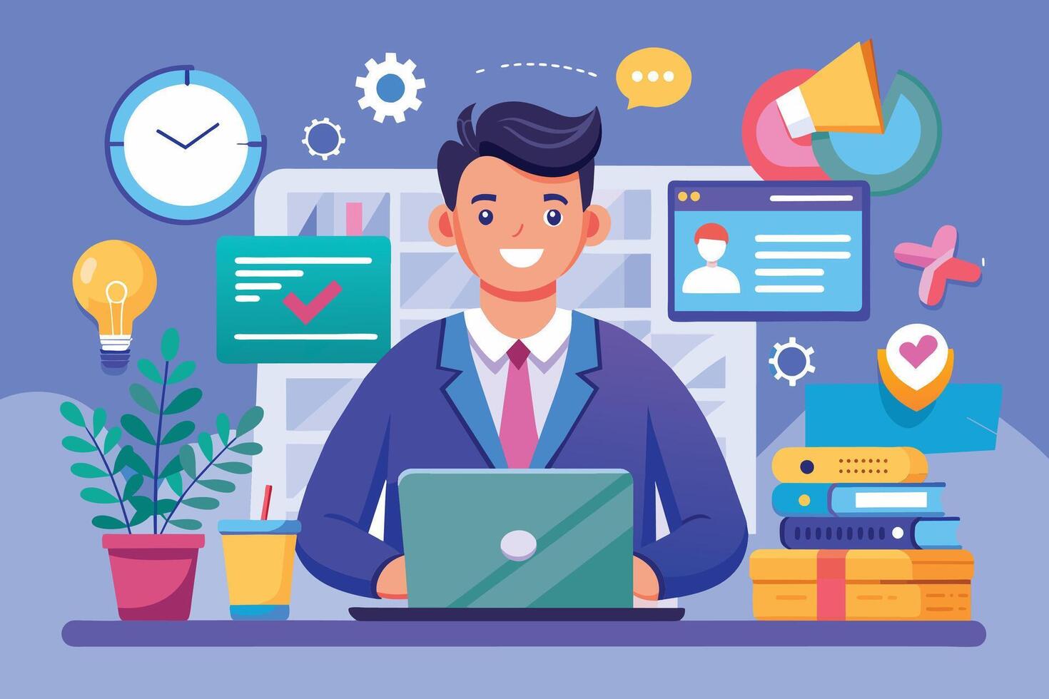 A cartoon illustration of a smiling businessman working on a laptop in his modern office. The image is full of vibrant colors and various office accessories. vector