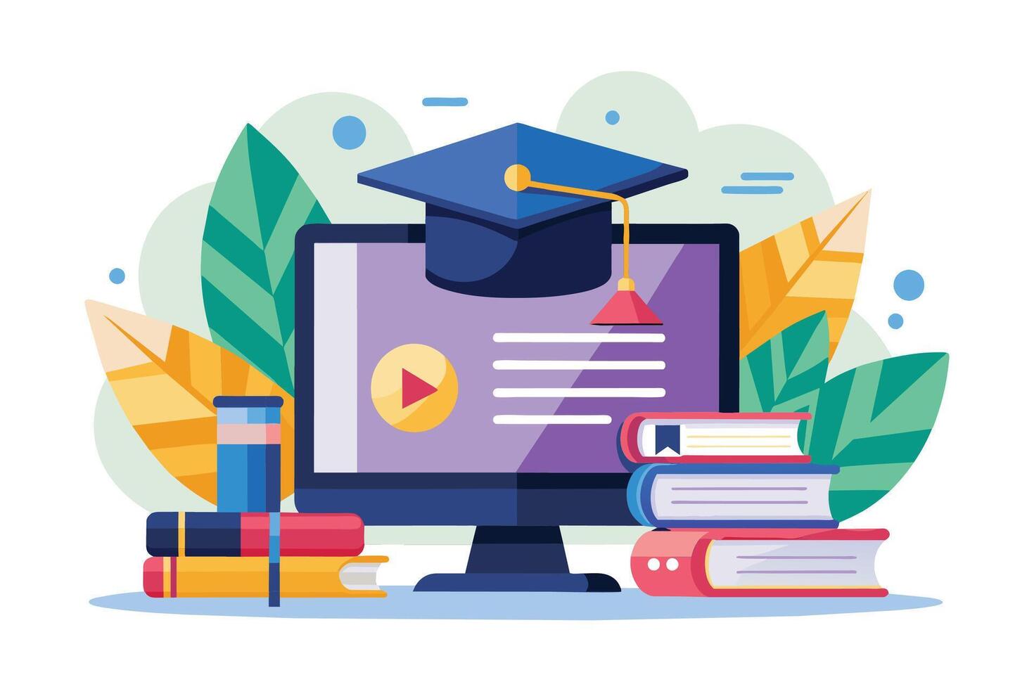 An illustration depicting online education with a computer screen, books, and a graduation cap, symbolizing the pursuit of knowledge and growth. vector
