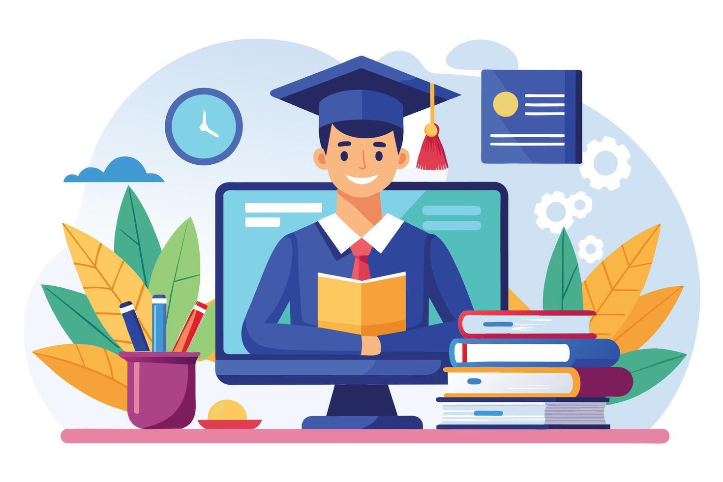 An illustration depicting a happy graduate student studying online. The student is wearing a graduation cap and gown, holding a book in their hands, and is sitting in front of a computer. vector