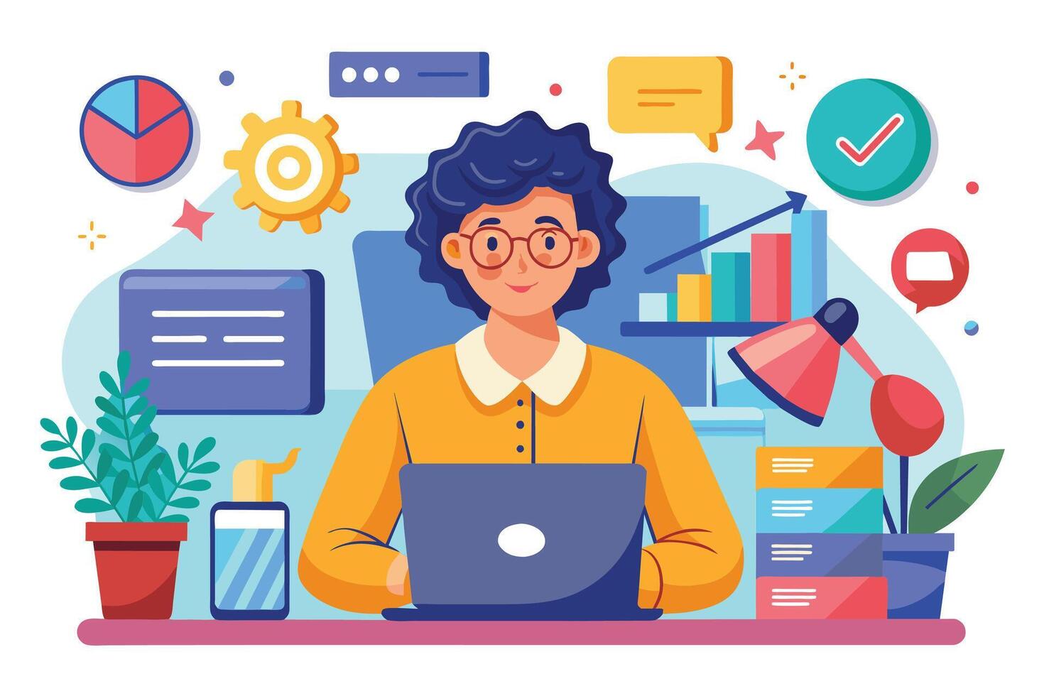 An illustration of a woman sitting at her desk working on her laptop. The desk has a lamp, plants, and charts on it. vector