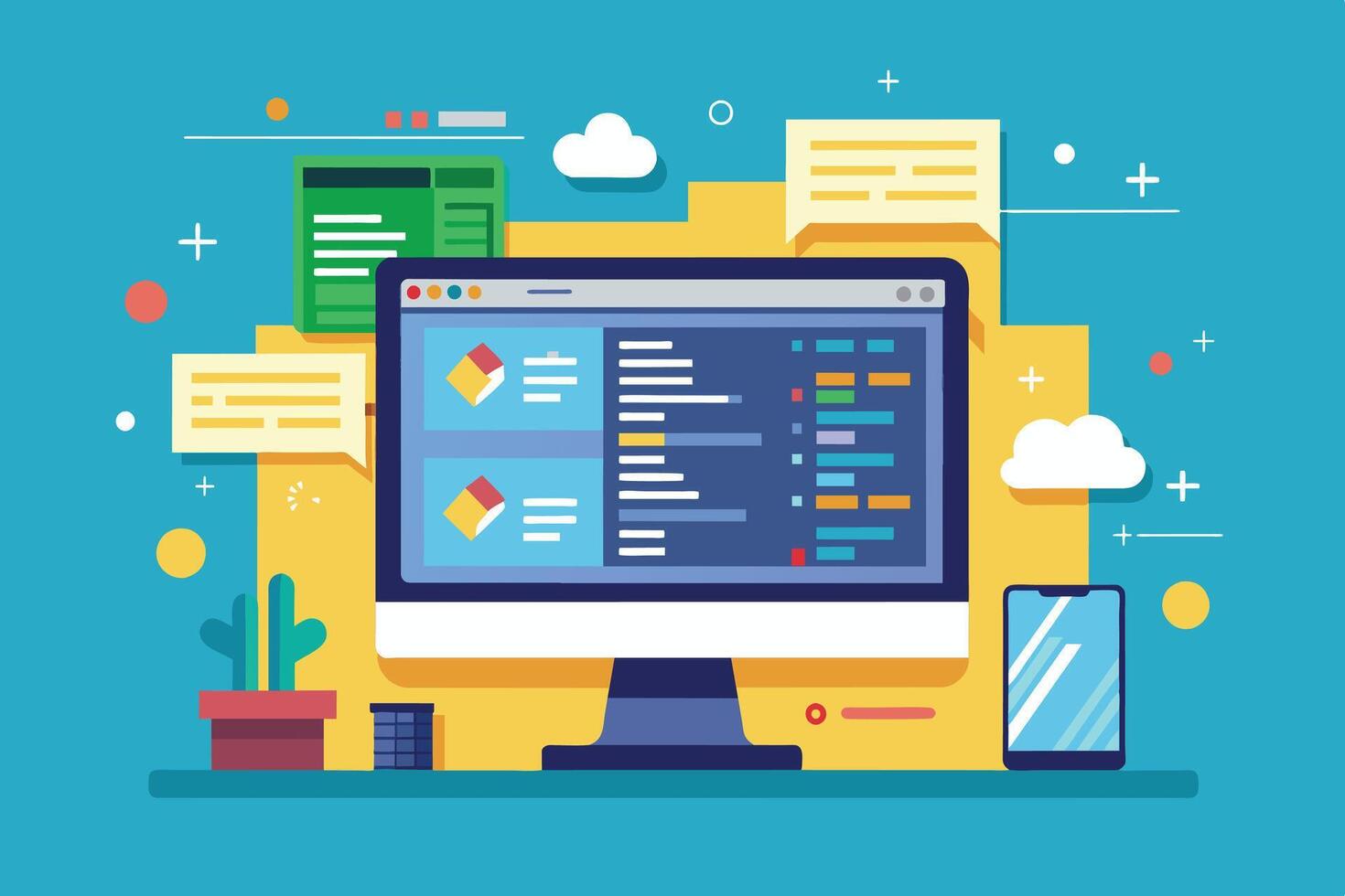 A flat illustration depicting a desktop computer with a code editor open, a smartphone, and a plant on a desk with a blue background. vector