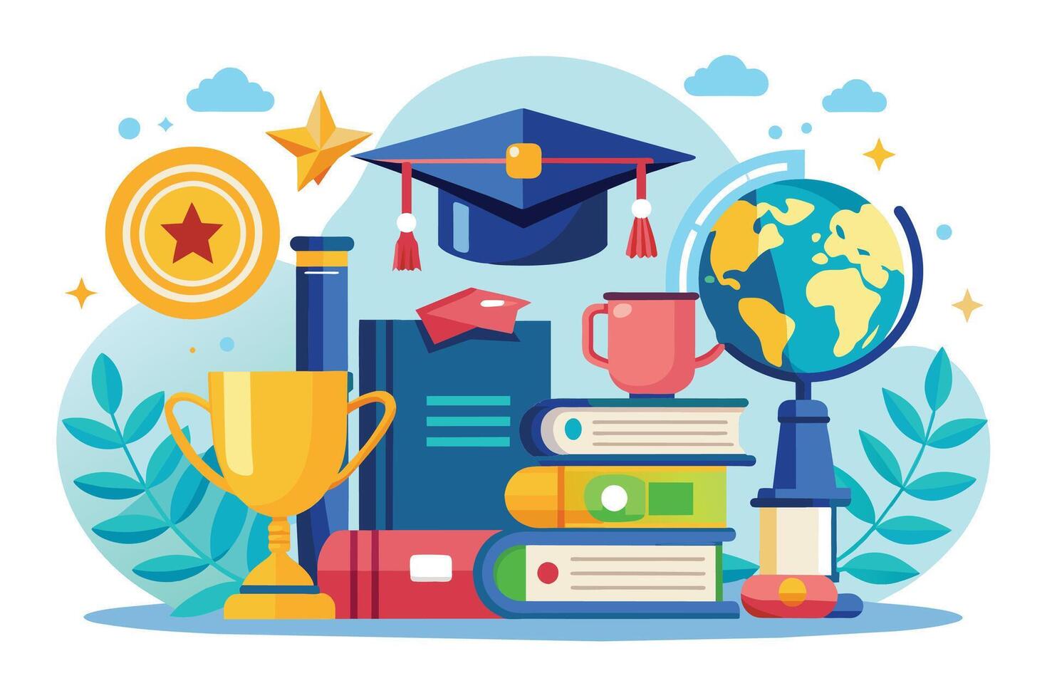An illustration featuring a graduation cap, a trophy, a stack of books, a globe, and other related items. vector