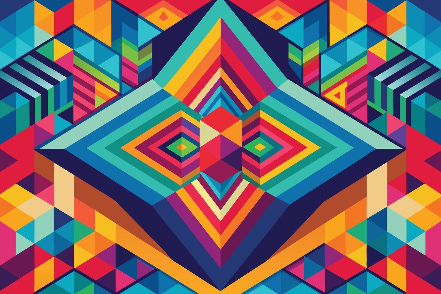 A vibrant, abstract image featuring a symmetrical design made up of overlapping colorful geometric shapes, creating a mesmerizing optical illusion. vector