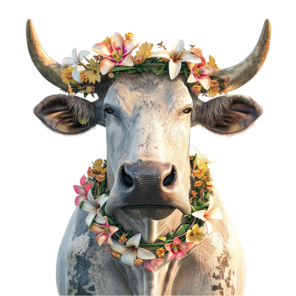 Cow with Flowers on Its Head on Transparent Background AI-Generative png