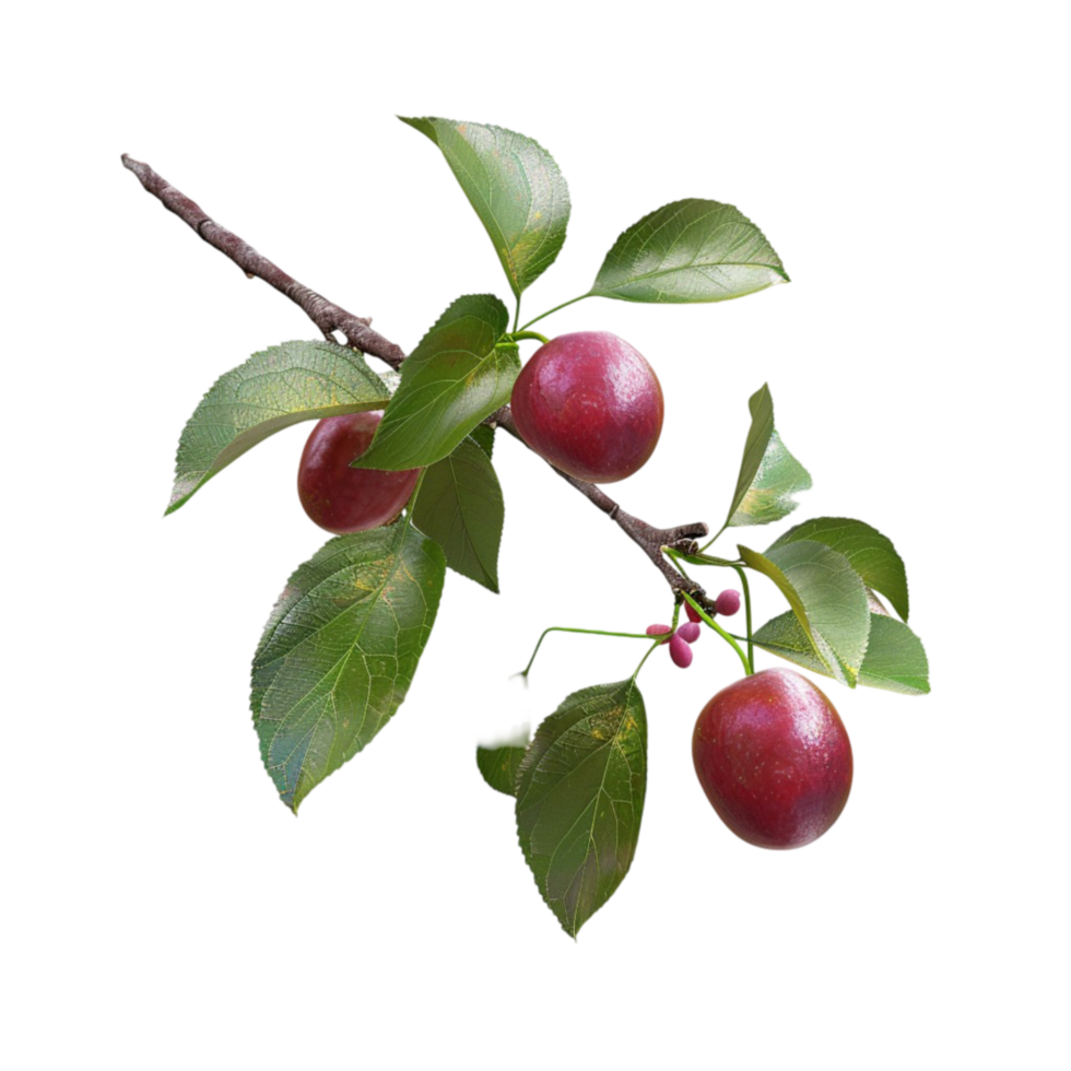 Plum Fruit on a Branch with Leaves and Green Leaves on Transparent Background AI-Generative png