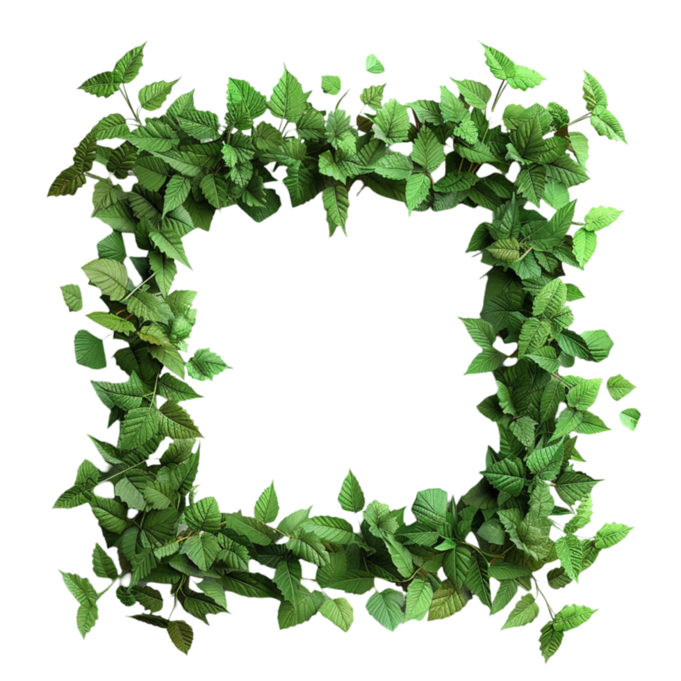 Square Frame Made of Green Leaves on Transparent Background AI-Generative png