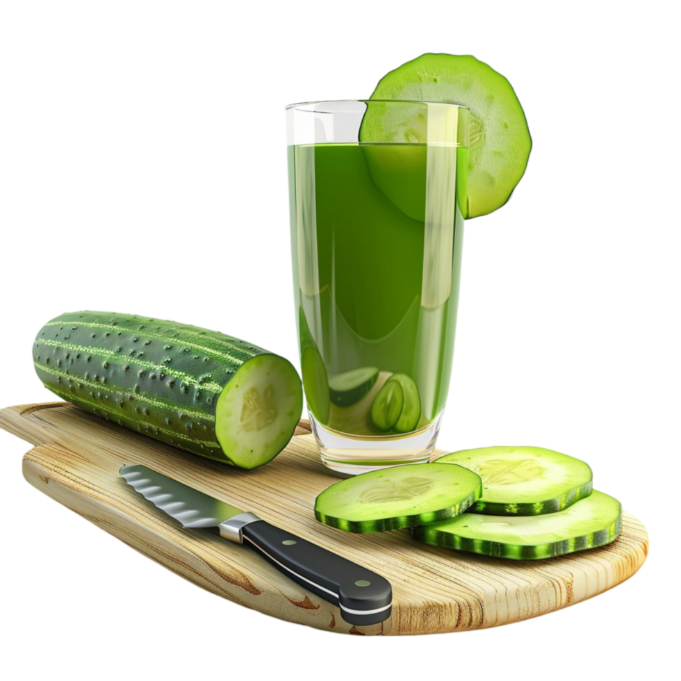 Cucumber Fresh Juice on Cutting Board with Knife and Slice AI-Generative png