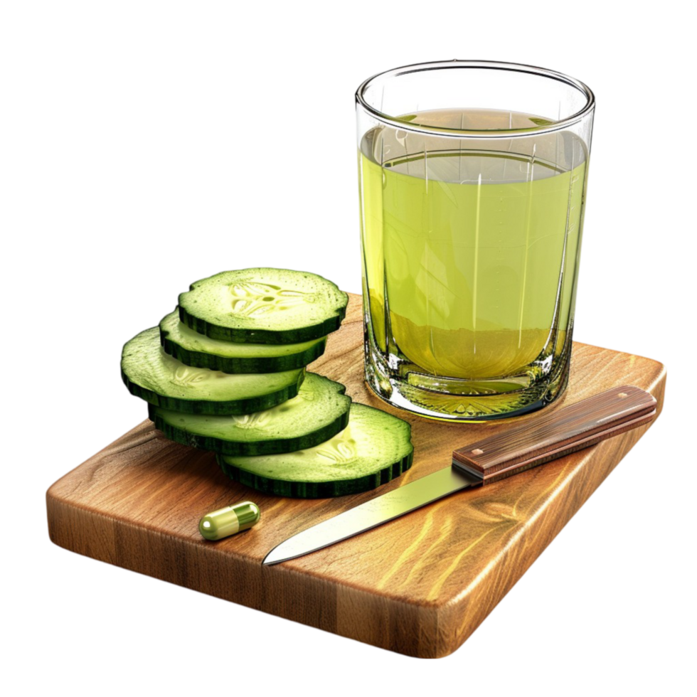 Glass of Green Juice with Cucumber Slices on Cutting Board AI-Generative png