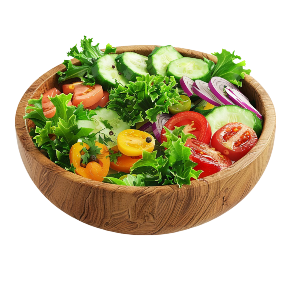 Wooden Bowl with Salad on Transparent Background AI-Generative png