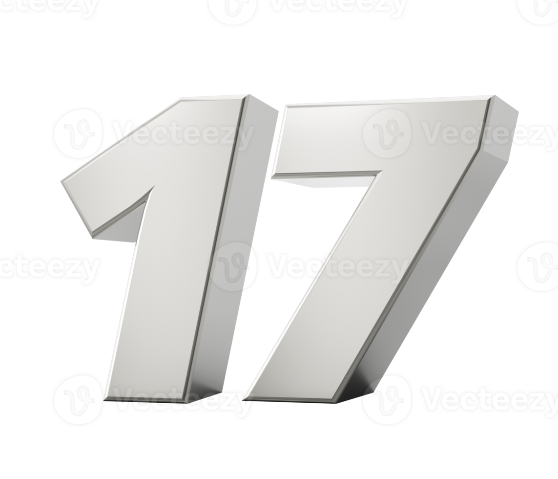 Silver 3d numbers 17 Seventeen. 3d illustration png