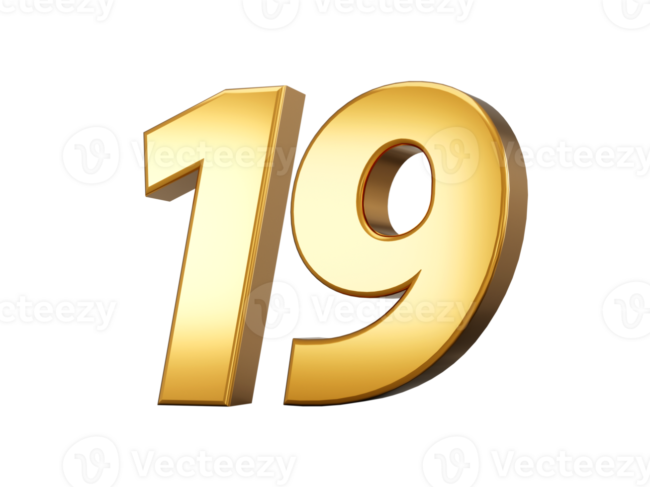 Golden metallic Number 19 Nineteen, 3d illustration png