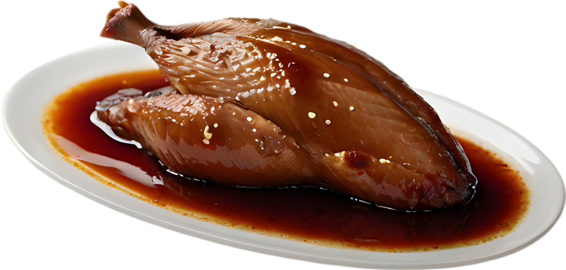 Crispy Peking duck, succulent meat, crackling skin, aromatic flavors. AI-generated. png