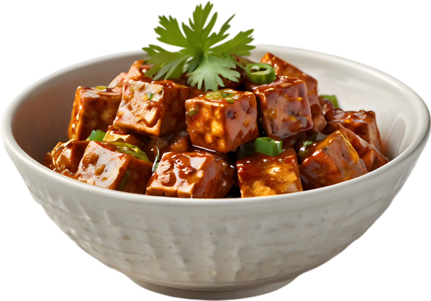 Spicy Sichuan mapo tofu, silky cubes in fiery sauce. AI-generated. png