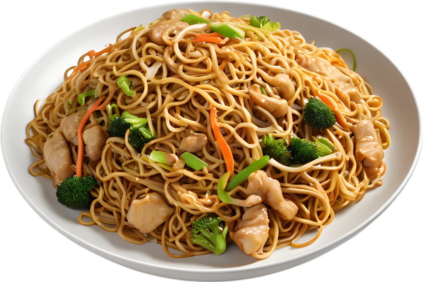 Savory Chow Mein, stir-fried noodles with crisp vegetables. AI-generated. png