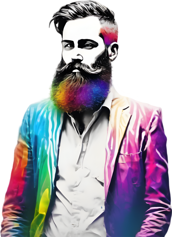 Rainbow-hued full beard adorns man's vibrant portrait. AI-generated. png