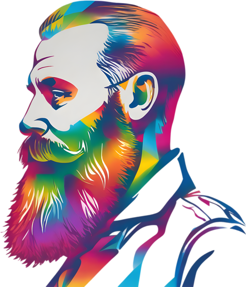 Rainbow-hued full beard adorns man's vibrant portrait. AI-generated. png