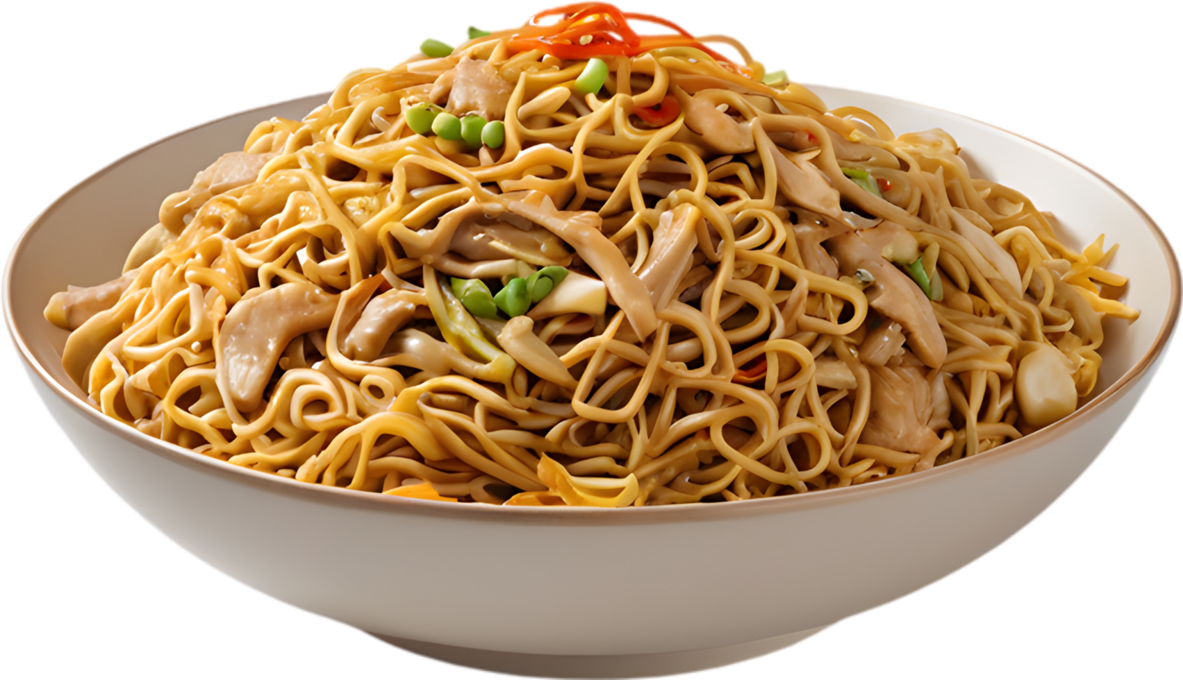Savory Chow Mein, stir-fried noodles with crisp vegetables. AI-generated. png