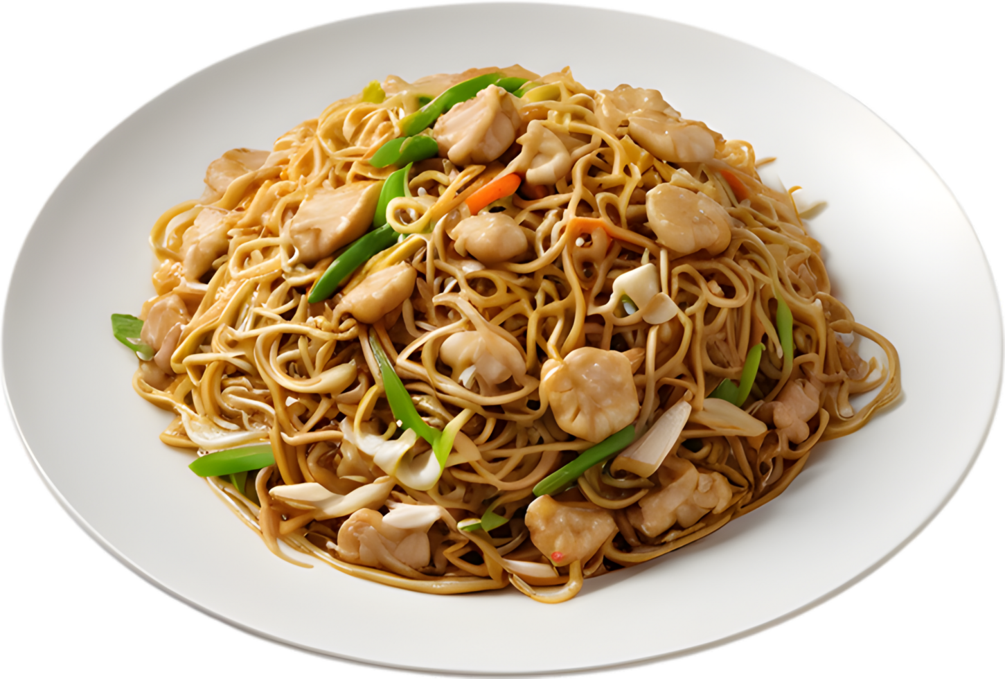 Savory Chow Mein, stir-fried noodles with crisp vegetables. AI-generated. png