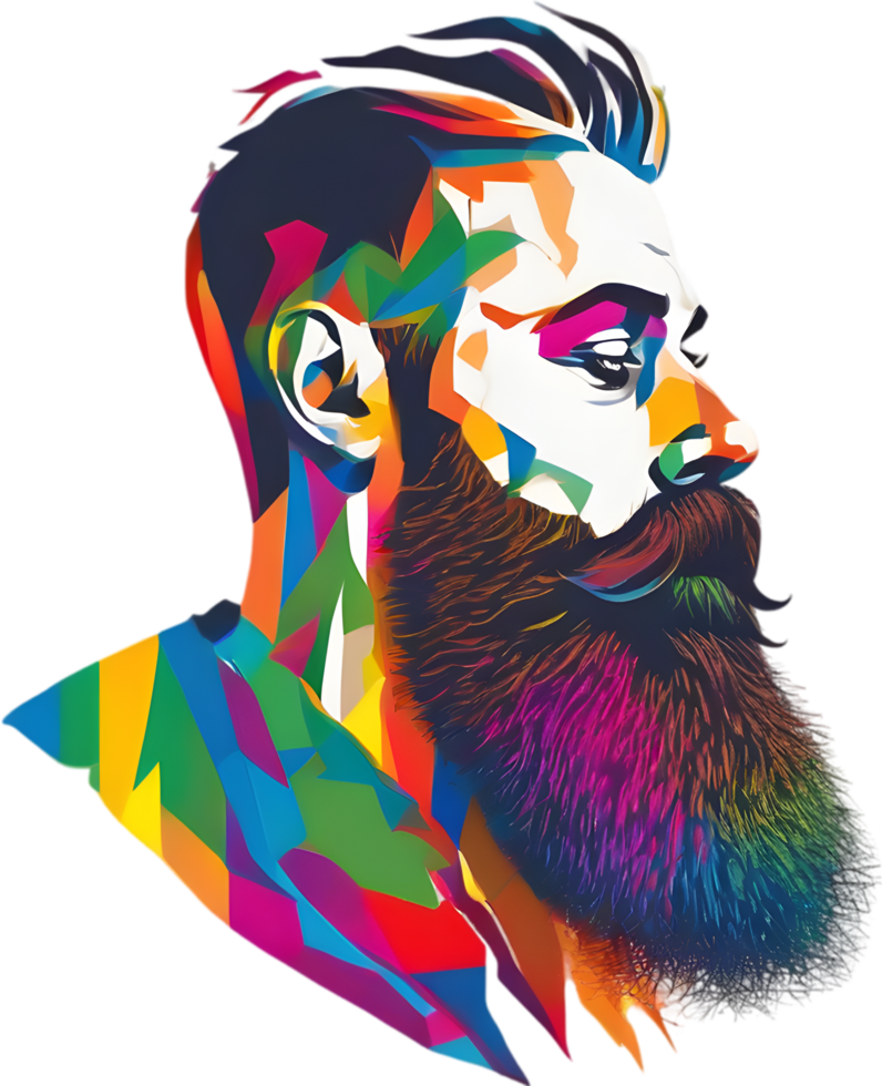Rainbow-hued full beard adorns man's vibrant portrait. AI-generated. png