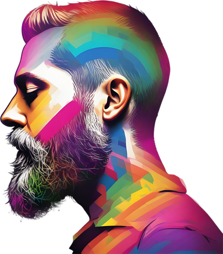 Rainbow-hued full beard adorns man's vibrant portrait. AI-generated. png