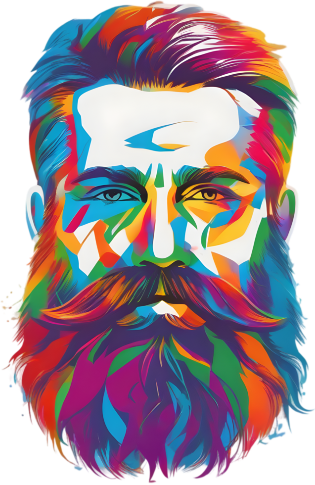 Rainbow-hued full beard adorns man's expressive face. AI-generated. png