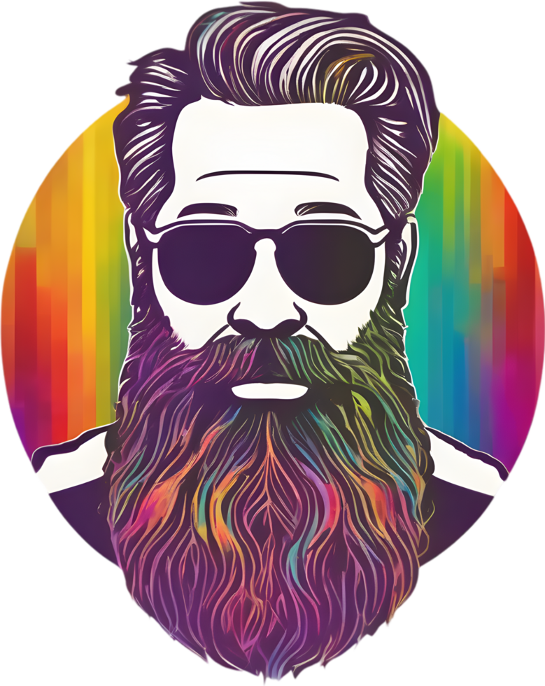Rainbow-hued full beard adorns man's expressive face. AI-generated. png