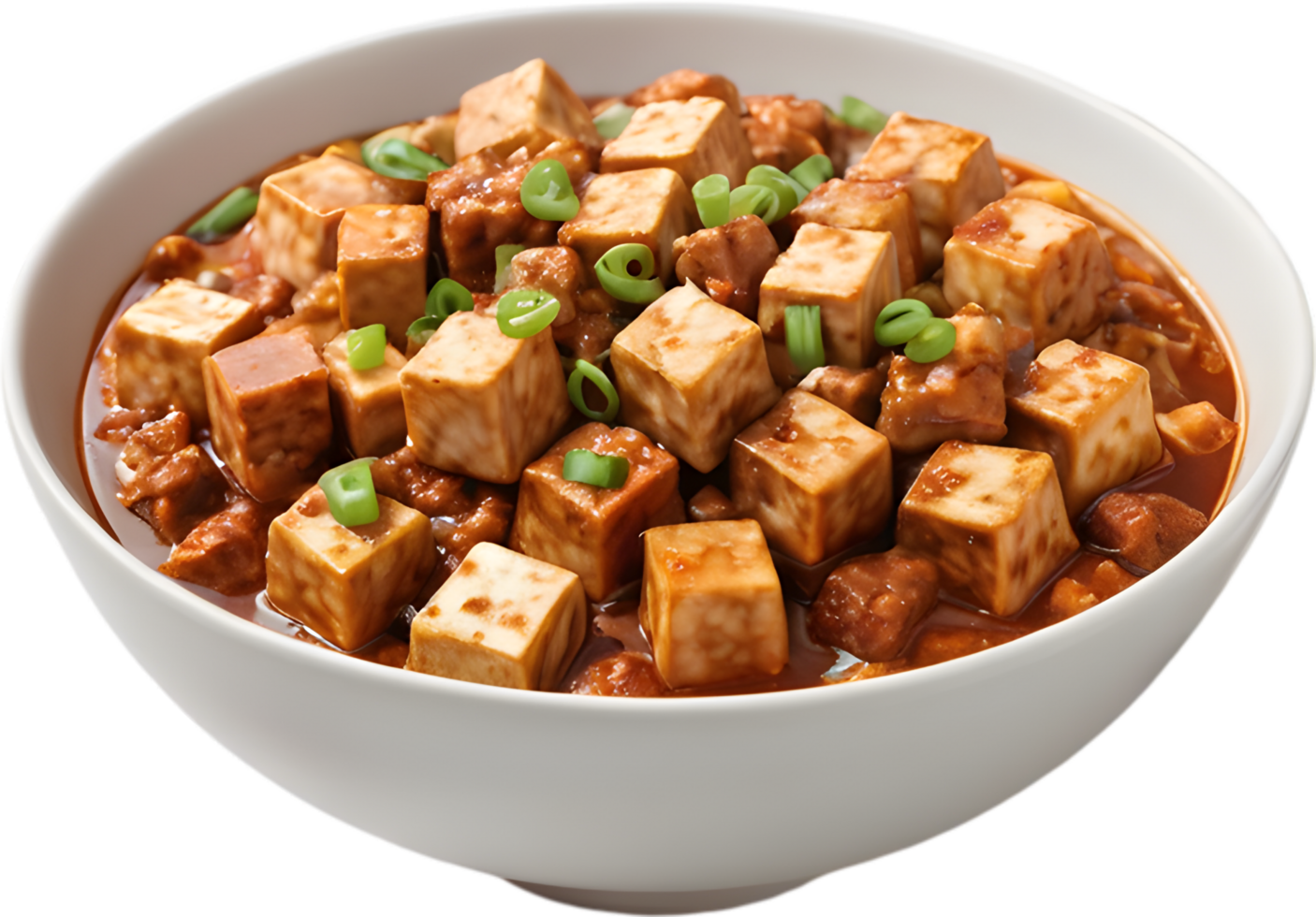 Spicy Sichuan mapo tofu, silky cubes in fiery sauce. AI-generated