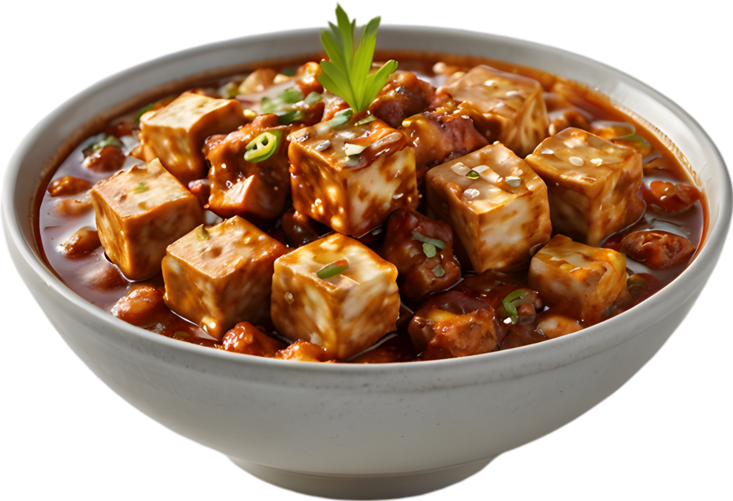 Spicy Sichuan mapo tofu, silky cubes in fiery sauce. AI-generated. png