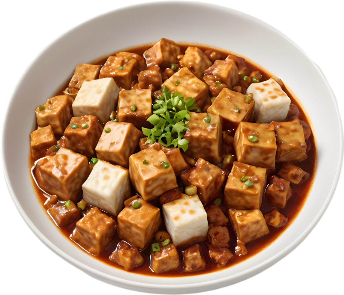 Spicy Sichuan mapo tofu, silky cubes in fiery sauce. AI-generated. png