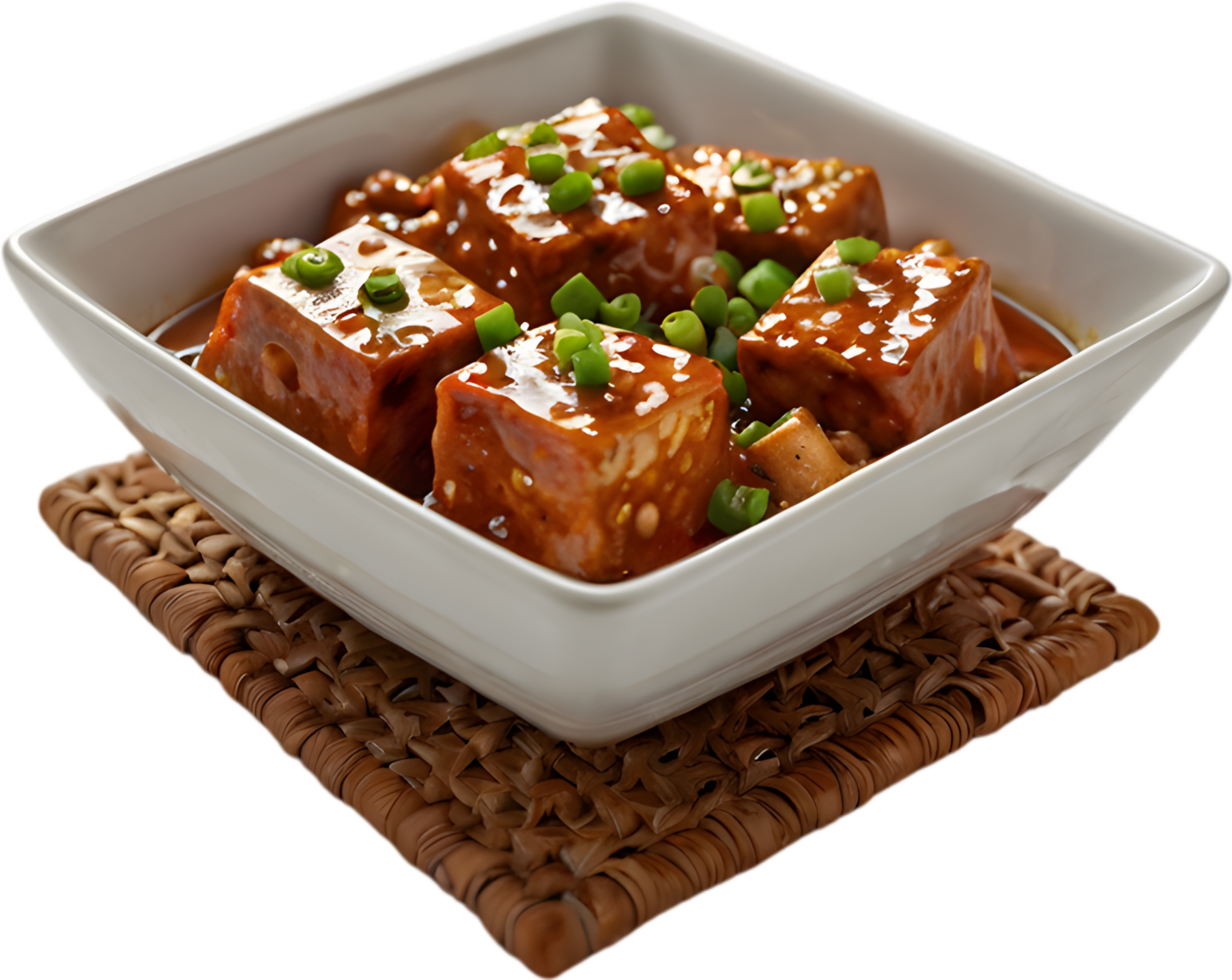 Spicy Sichuan mapo tofu, silky cubes in fiery sauce. AI-generated. png