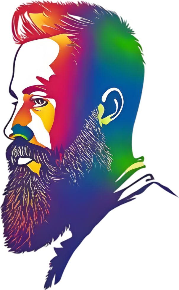 Rainbow-hued full beard adorns man's vibrant portrait. AI-generated. png
