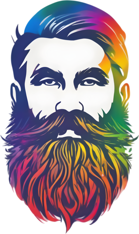 Rainbow-hued full beard adorns man's expressive face. AI-generated. png