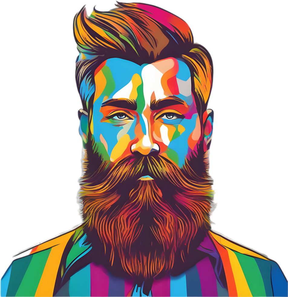 Rainbow-hued full beard adorns man's vibrant portrait. AI-generated. png