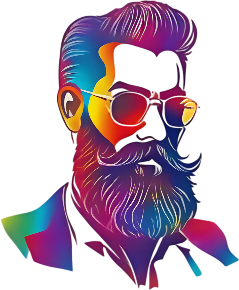 Rainbow-hued full beard adorns man's expressive face. AI-generated. png