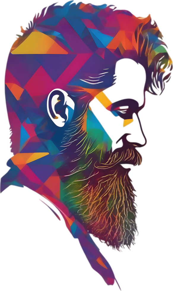 Rainbow-hued full beard adorns man's expressive face. AI-generated. png