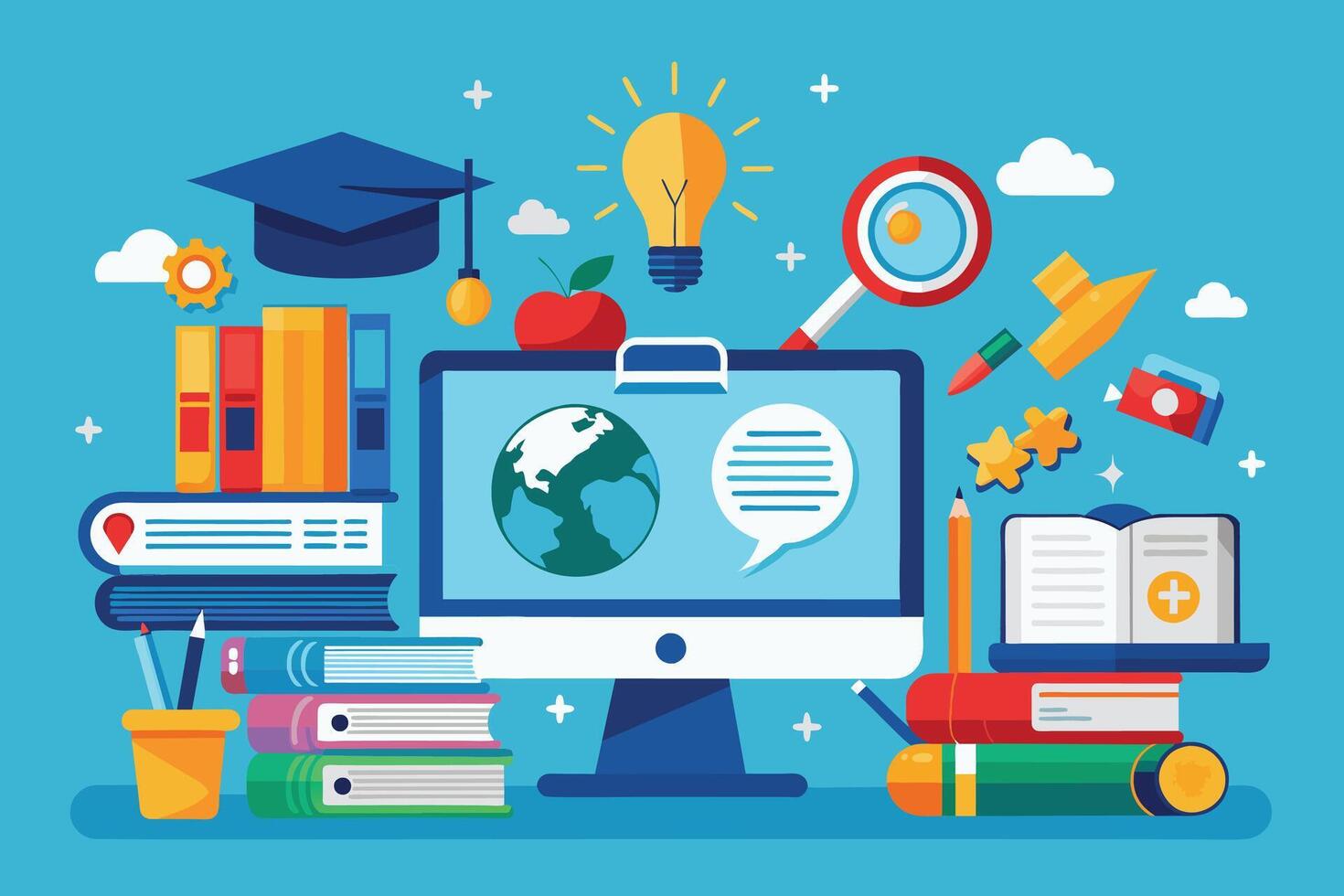 A computer screen with a globe and speech bubble, surrounded by learning icons such as books, pencils, a graduation cap, a magnifying glass, and a lightbulb. vector