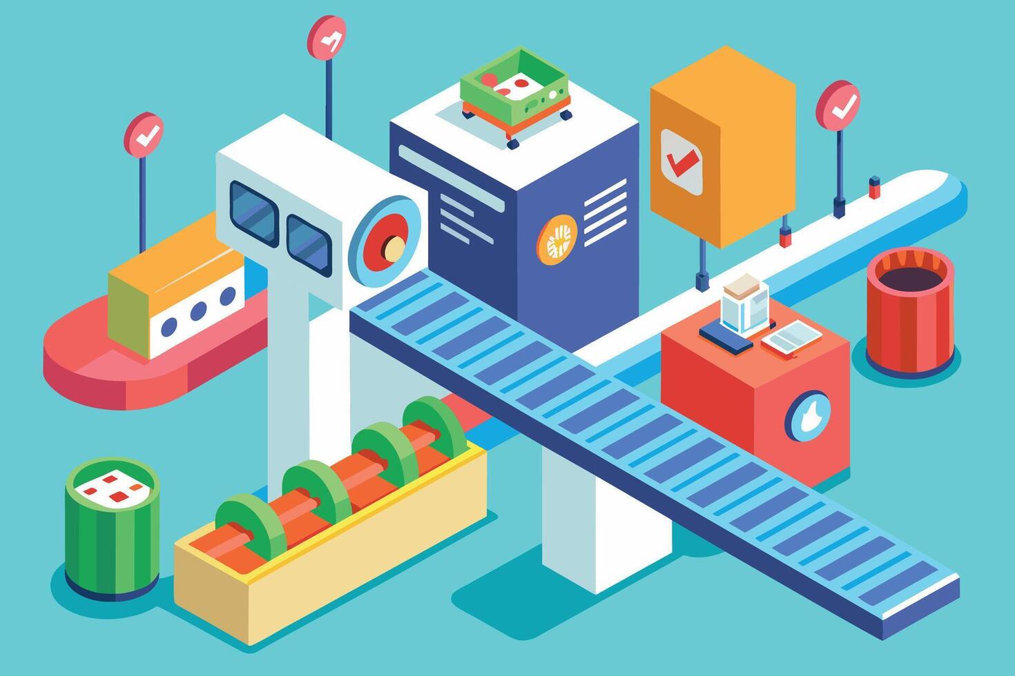 An illustration depicting an automated factory system with conveyor belts, quality control checks, and a final product in a green container. vector