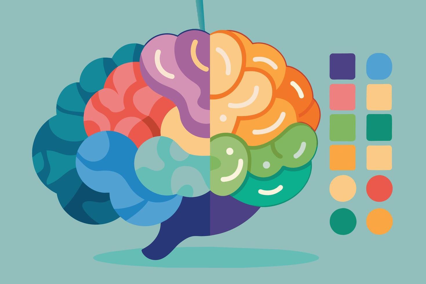 Colorful human brain illustration with sections and a matching color palette on the right. vector