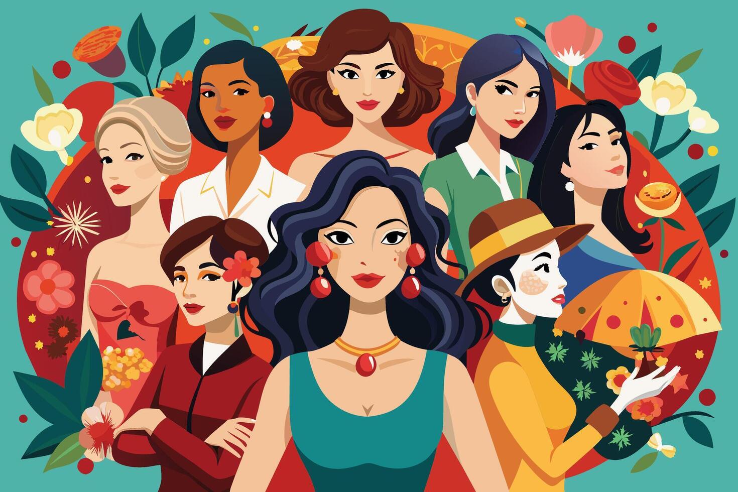 A vibrant illustration of eight diverse women, each with unique features and clothing, gathered amidst a colorful display of blooming flowers. vector