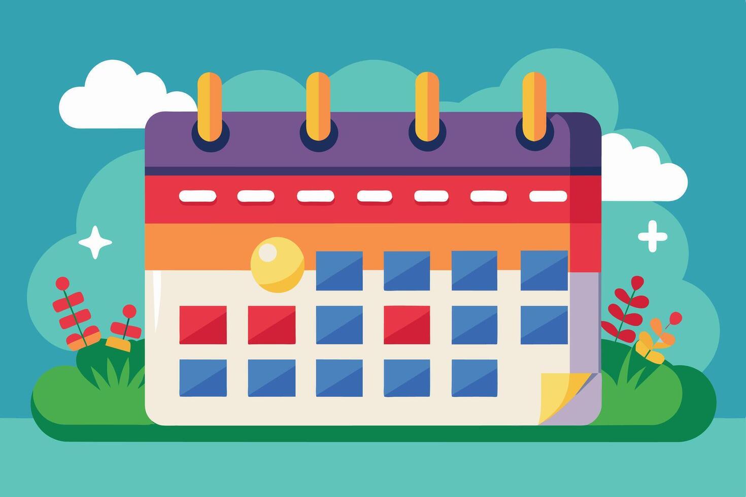 This illustration depicts a colorful calendar with a yellow circle highlighted on the first day of the month, surrounded by green grass and clouds. vector