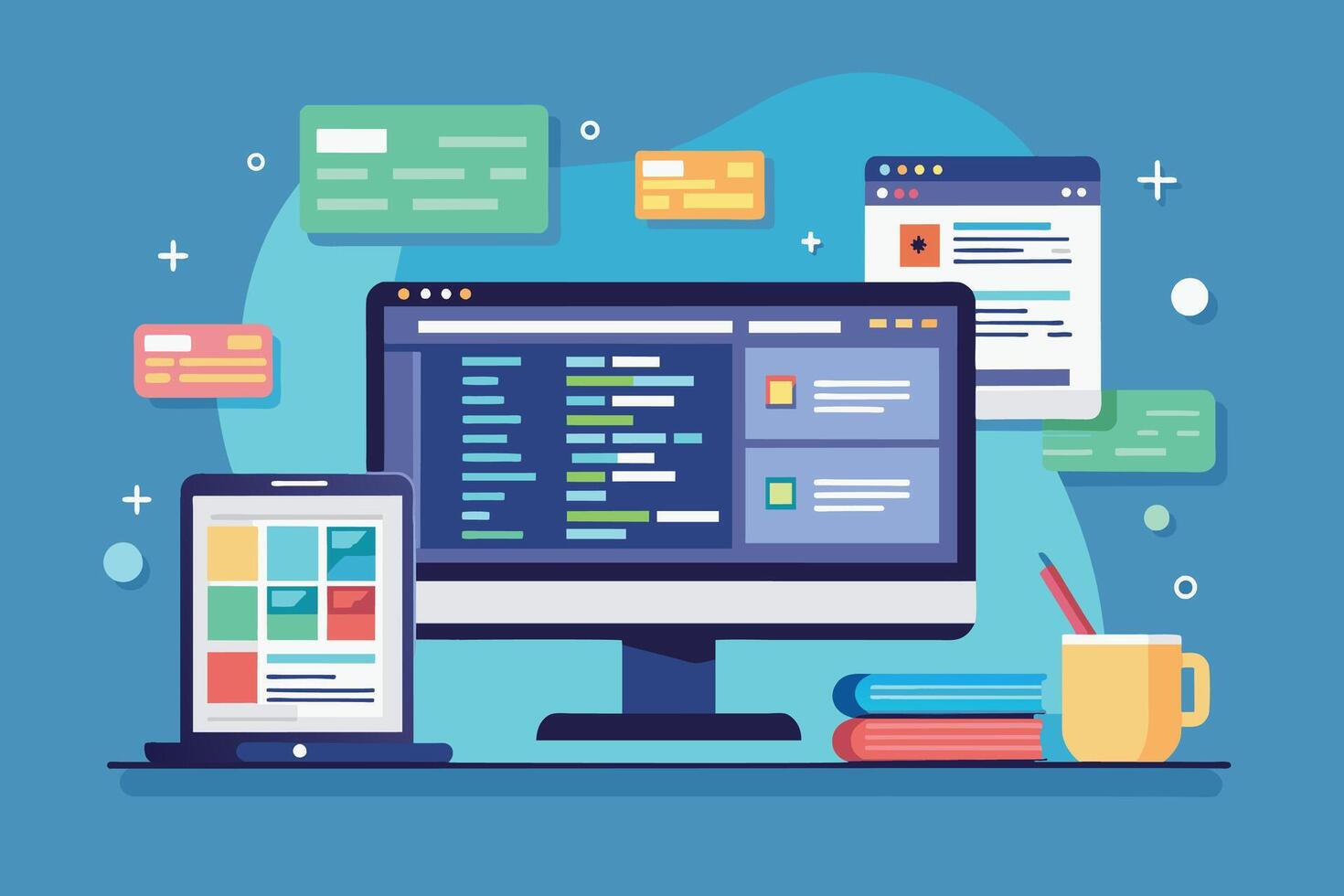 A flat illustration of a modern desktop computer with a laptop and a code editor screen open, surrounded by various colored sticky notes and icons. vector